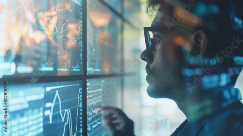 A young professional wearing glasses stands in front of a large video wall displaying various graphs and data