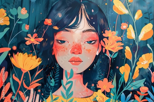 Illustration of a Girl Surrounded by Flowers