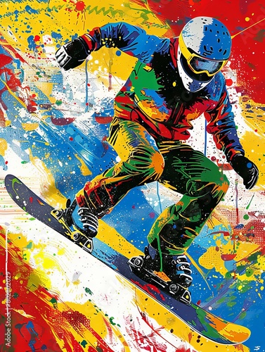 Colorful Abstract Painting of Snowboarder