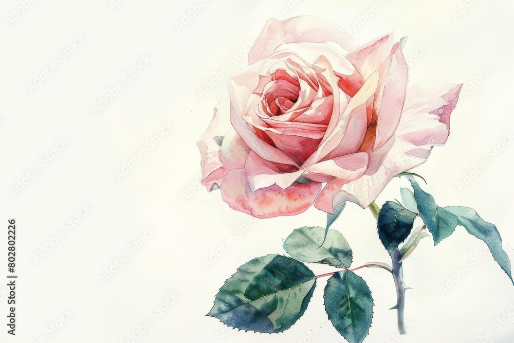 Fototapeta premium A beautiful watercolor painting of a single pink rose. The rose is in full bloom and has a light pink color. The stem has green leaves. The painting has a white background.