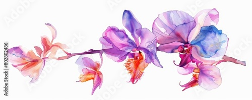 An elegant watercolor painting of a branch of purple orchids  with delicate petals and vibrant colors. The perfect addition to any home or office.
