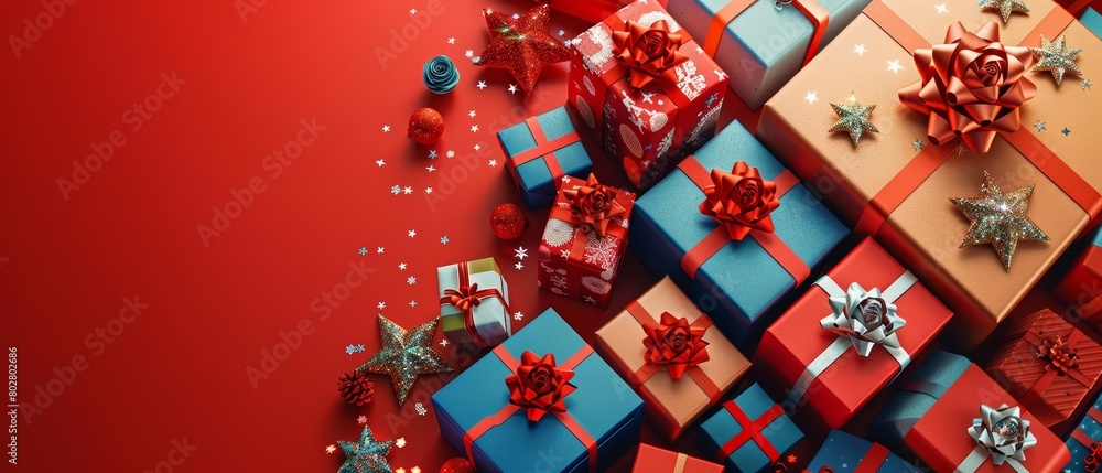 A beautiful array of wrapped presents against a red background. Perfect for the holidays!
