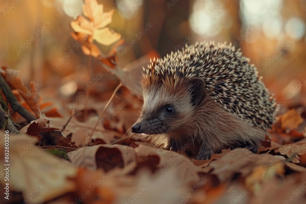A hedge sitting in a pile of leaves, suitable for autumn themes A hedge sitting in a pile of leaves, suitable for autumn themes