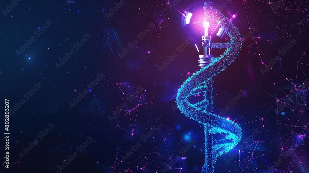 An abstract blue light bulb illuminating a vibrant blue and purple 3D DNA molecule helix, symbolizing the fusion of innovation and biology in biotechnology engineering. An abstract blue light bulb illuminating a vibrant blue and purple 3D DNA molecule helix, symbolizing the fusion of innovation and biology in biotechnology engineering.