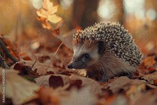 A hedge sitting in a pile of leaves  suitable for autumn themes
