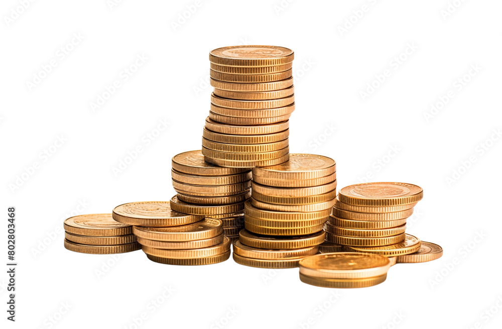 Piles of golden coins stacked in varying heights against a white background. Generative AI