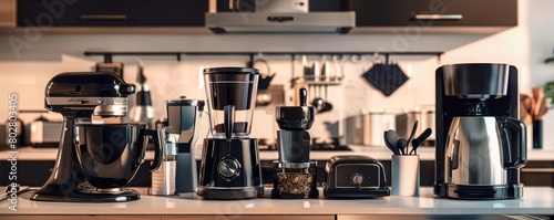 A variety of kitchen appliances are sitting on a counter. The appliances are all black and silver. There is a stand mixer, a coffee maker, a food processor, and a toaster. photo