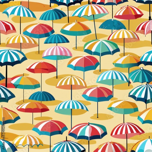 Seamless pattern of colorful beach umbrellas lining a sandy shore, Generative AI