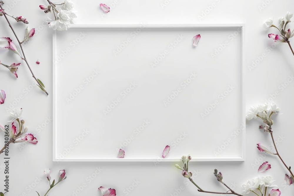 White frame surrounded by pink and white flowers, perfect for wedding invitations or greeting cards