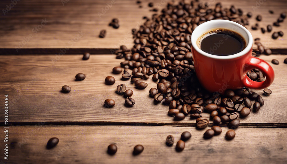 Espresso and coffee beans on wooden background, copy space for text, top view
Espresso and coffee beans on wooden background, copy space for text, top view