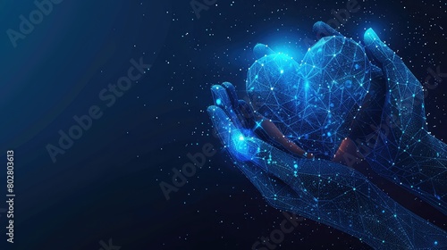 An abstract representation of the concept of humanity and social connection with glowing low polygonal hands cradling a heart shape  symbolizing the intrinsic value of empathy and compassion.