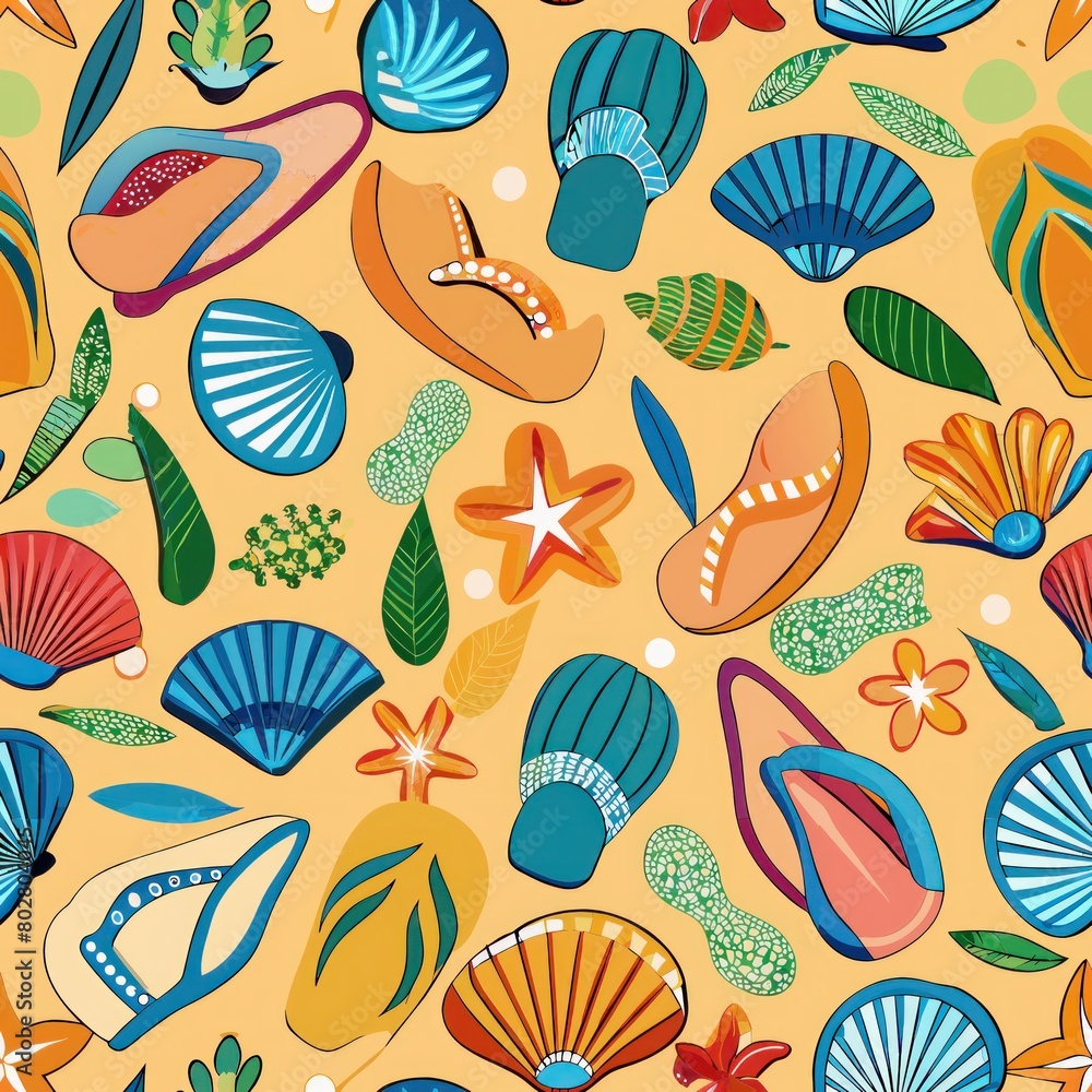 Seamless pattern of flip-flops and seashells scattered on the beach, Generative AI