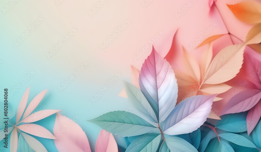 Multicolored leaves stacked in the lower right corner of an isolated pastel gradient background