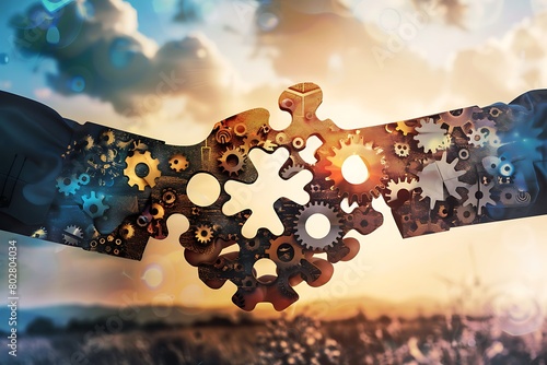 A professional-looking handshake formed by puzzle pieces with interlocking gears, symbolizing a seamless collaboration between marketing and sales.