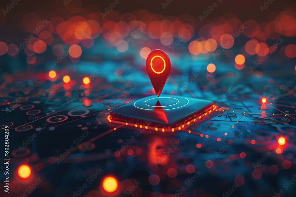 Circuit board with red lights and map marker, suitable for technology and navigation concepts Circuit board with red lights and map marker, suitable for technology and navigation concepts
