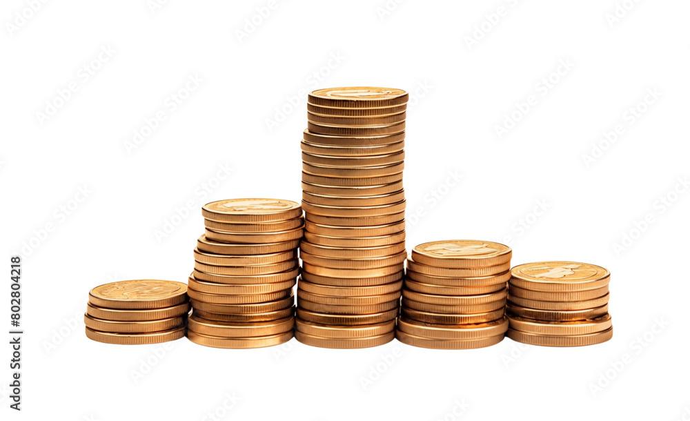 Piles of golden coins stacked in varying heights against a white background. Generative AI Piles of golden coins stacked in varying heights against a white background. Generative AI