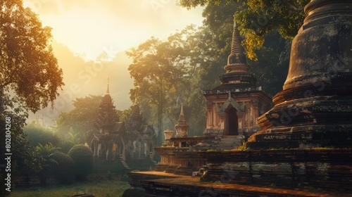 Generate a photo of an ancient temple complex nestled in a lush jungle with overgrown ruins, broken statues, and a golden buddha statue in the center photo