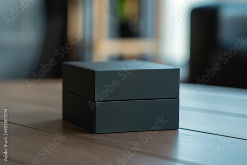 A sleek black box sits on a wooden table. The box is closed, with a smooth, matte finish. There is nothing else on the table. The box is the only thing in focus. © JK_kyoto
