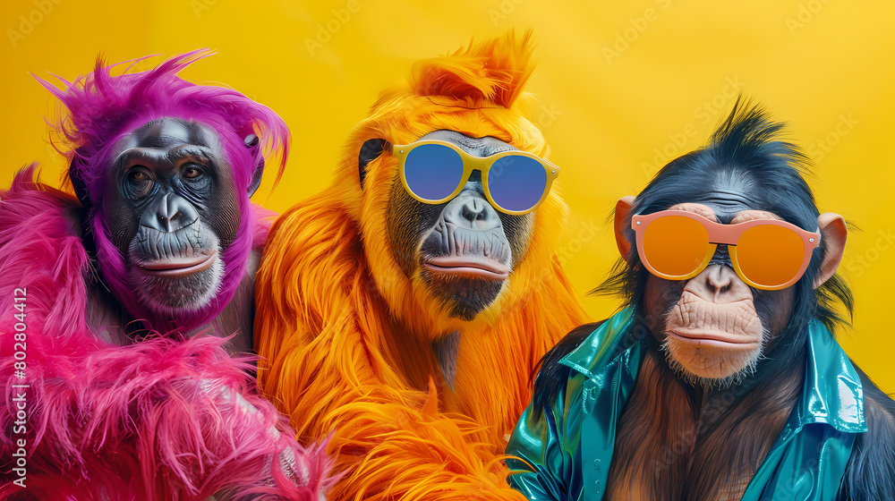 Creative animal concept. Group of ape in funky Wacky wild mismatch colorful outfits isolated on bright background advertisement, copy space. birthday party invite invitation banner