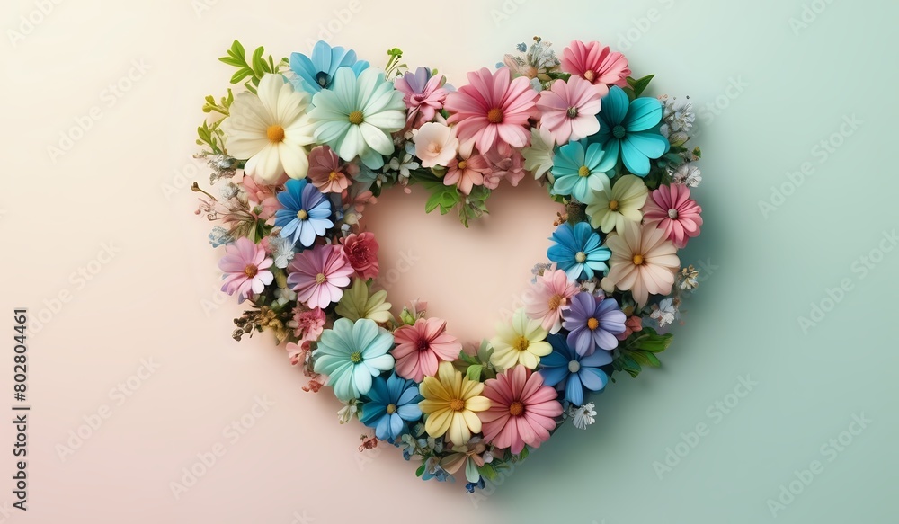 Pastel multicolored flowers forming heart shape, isolated on gradient pastel background, top view