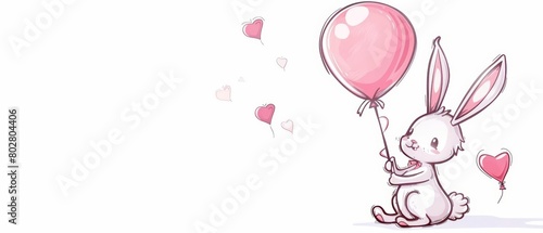 A cute cartoon rabbit is holding a pink balloon with one hand and there are hearts floating around. The background is white. The image is in a cartoon style.