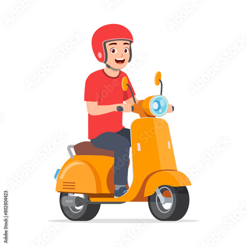 young man riding scooter and feel happy