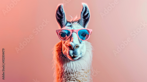Creative animal concept. Llama in sunglass shade glasses isolated on solid pastel background, commercial, editorial advertisement, surreal surrealism © AY AGENCY