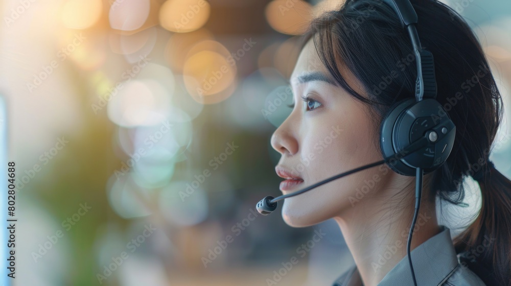 Happy smiling operator asian woman customer service agent with headsets working on computer in a call center. Happy smiling operator asian woman customer service agent with headsets working on computer in a call center.