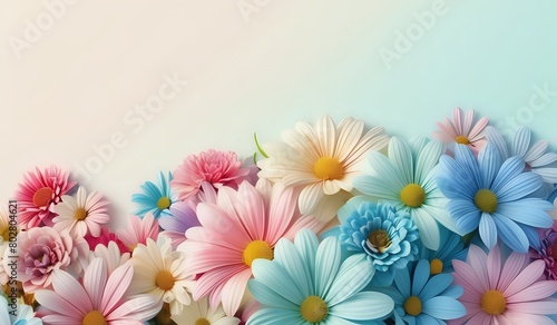 Bunch of pastel flowers photographed close up with space for text above.