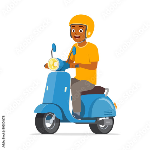 young man riding scooter and feel happy