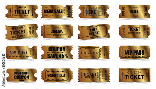 Vector big set of golden ticket template white isolated background. Invite gold ticket for casino, theater, cinema, movie, coupon, voucher.