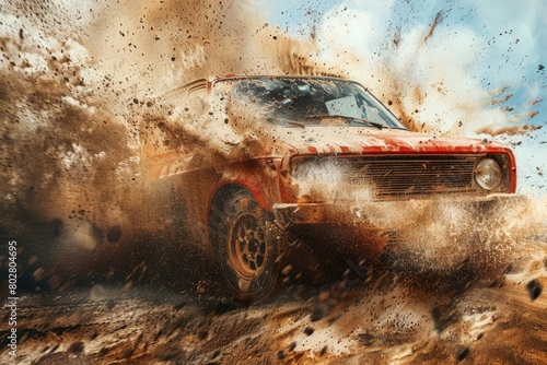 A red car navigating through muddy terrain. Ideal for automotive and off-road concepts