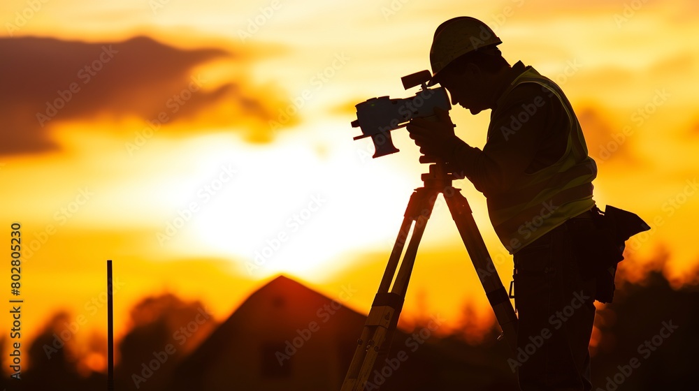 Surveyor with theodolite, sharp silhouette against sunset, detailed close-up, outdoor setting