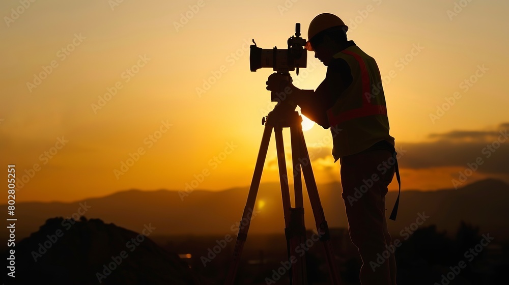 Surveyor with theodolite, sharp silhouette against sunset, detailed close-up, outdoor setting 