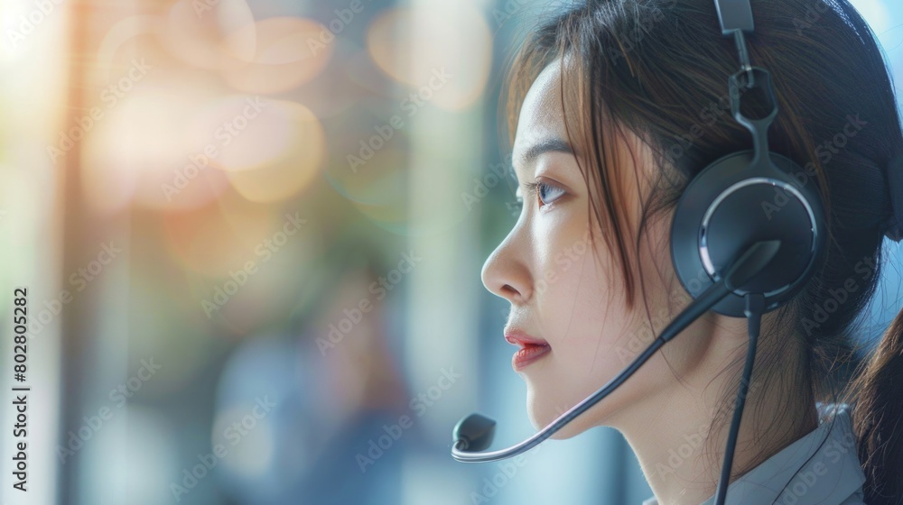 Happy smiling operator asian woman customer service agent with headsets working on computer in a call center. Happy smiling operator asian woman customer service agent with headsets working on computer in a call center.
