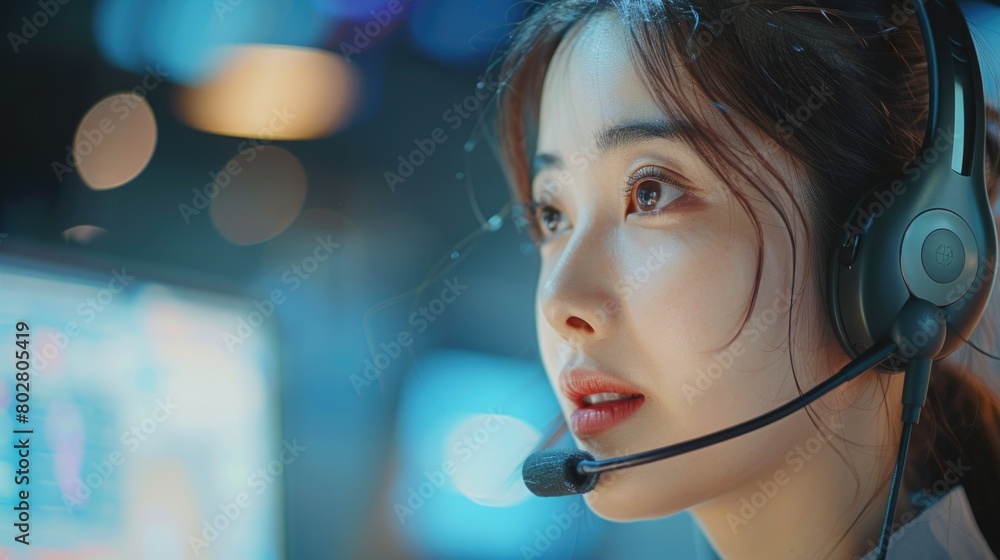 Happy smiling operator asian woman customer service agent with headsets working on computer in a call center. Happy smiling operator asian woman customer service agent with headsets working on computer in a call center.