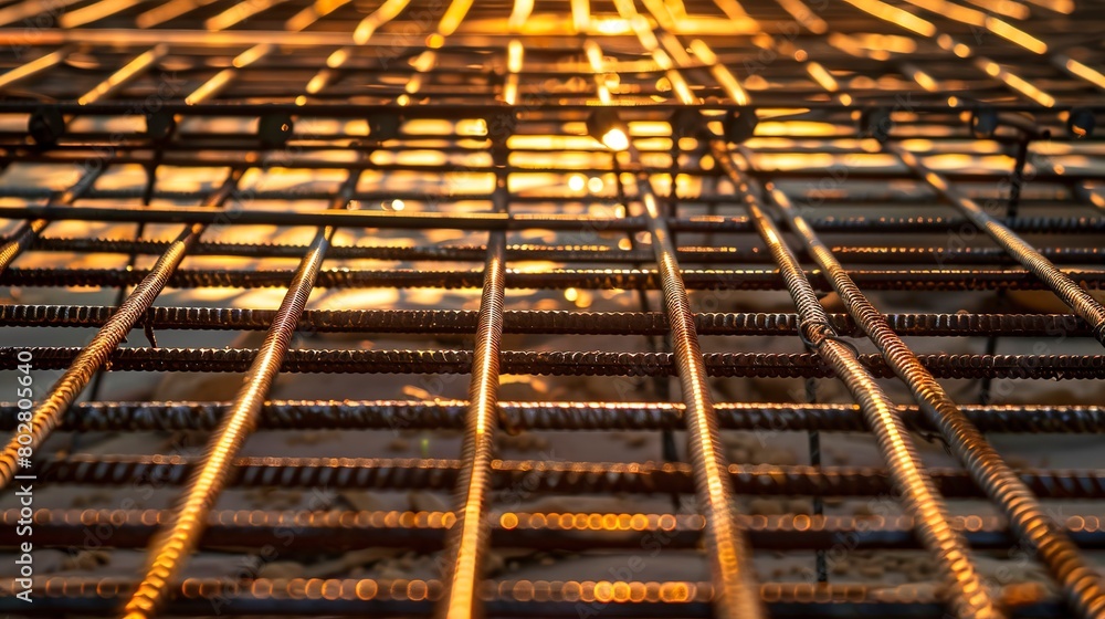 Skyscraper foundation work, intense focus on rebar grid, sunset backlight, close-up, high detail Skyscraper foundation work, intense focus on rebar grid, sunset backlight, close-up, high detail