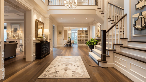  beautifully appointed entrance hall in a modern American home, featuring a stunning staircase and tasteful interior design, offering a glimpse into a world of contemporary elegance and timeless style photo