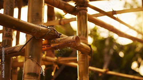 Bamboo scaffolding around eco-friendly structure, warm light, close-up, showcasing sustainable materials  photo