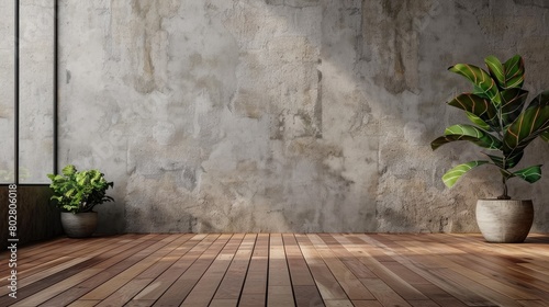 Wooden floor with AI-generated wall in the background Natural pattern wood texture background
