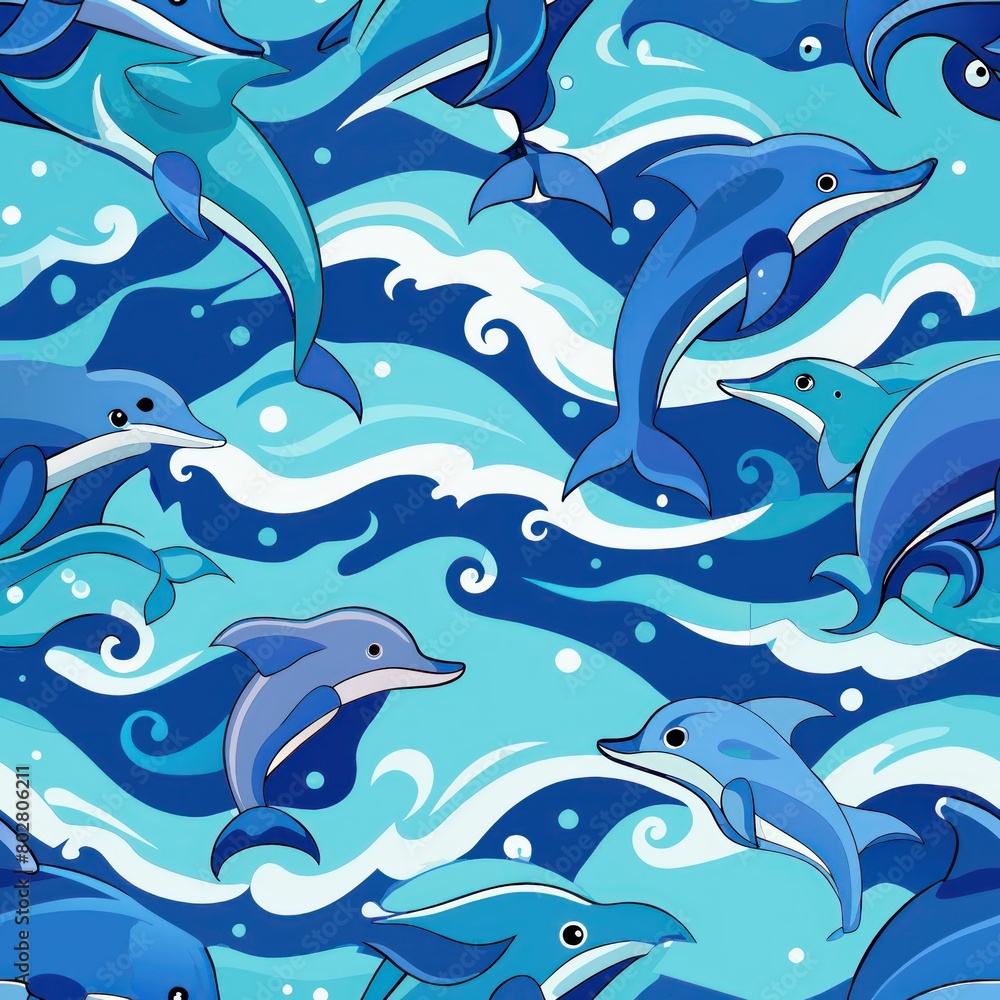 Seamless pattern of playful dolphins leaping through ocean waves, Generative AI Seamless pattern of playful dolphins leaping through ocean waves, Generative AI