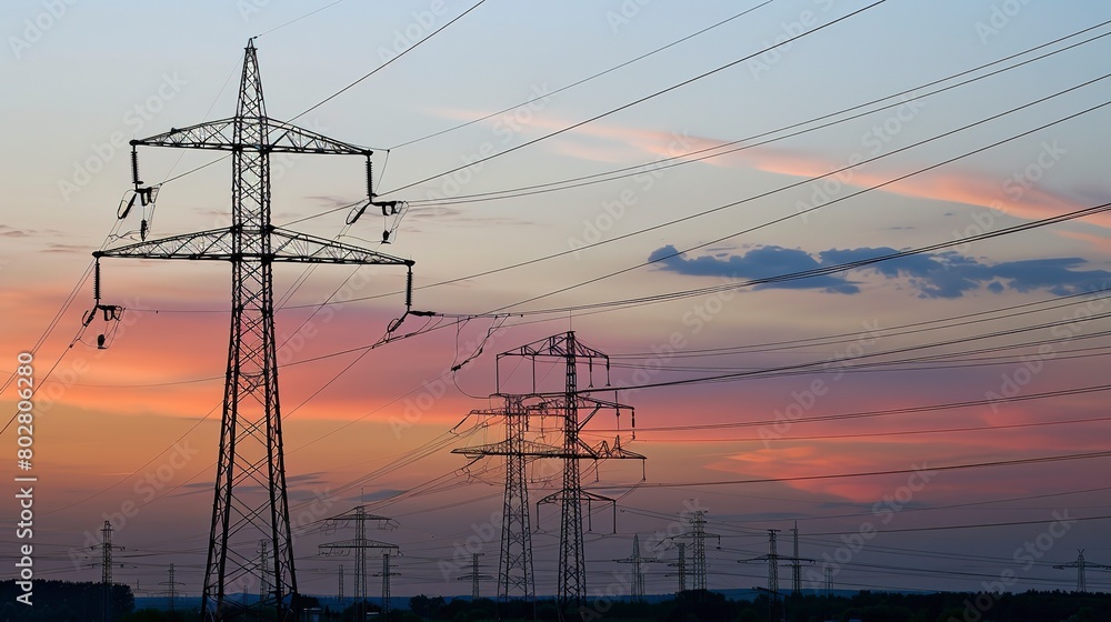 Power line installation at sunset, silhouette of lines against sky, close-up, dynamic angle 