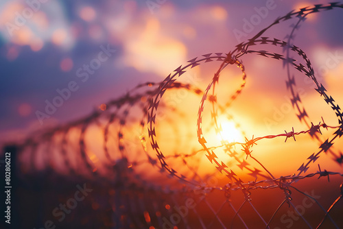 Barbed wire fence in the sunset sky background. Paper cutout style. In sharp focus, closeup. High resolution. The concept of security and protection from townspeople or production workers at industria photo