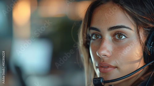 Female customer support operator with headset and smiling