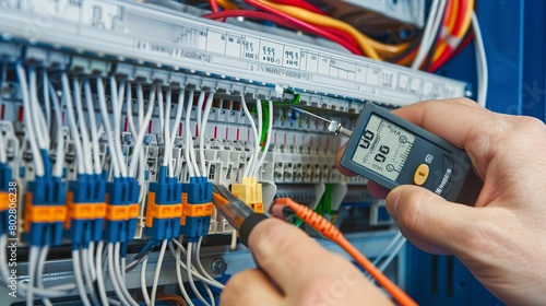 Testing electrical panel with a multimeter, clear focus, natural light, close-up on hands and tool 