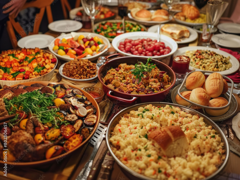 Fototapeta premium many dishes on table for thanksgiving day dinner - ai