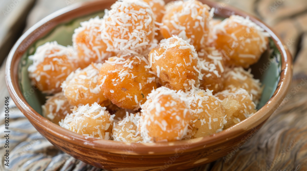 Close-up of homemade jamaican coconut drops in a rustic bowl, sprinkled with grated coconut on a wooden background Close-up of homemade jamaican coconut drops in a rustic bowl, sprinkled with grated coconut on a wooden background