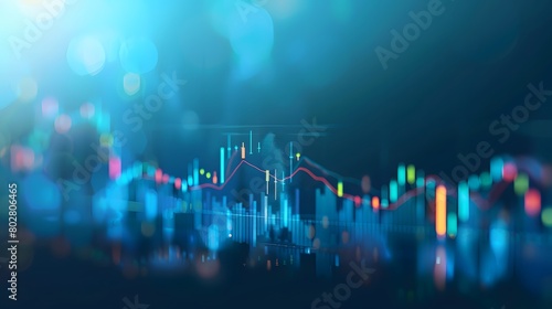 Closeup financial chart with uptrend line candlestick graph in stock market on blue color monitor