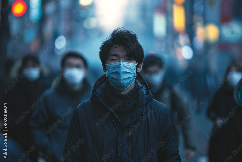 A large number of Asian people walking wearing masks. The concept of social responsibility about others A large number of Asian people walking wearing masks. The concept of social responsibility about others