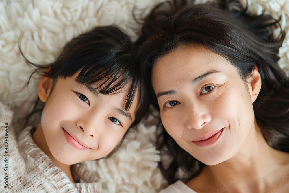 Beautiful Japanese mother and daughter posing for a photo, smiling at the camera while lying on the floor in the living room with white walls. It is a close up portrait with studio lighting, stock pho Beautiful Japanese mother and daughter posing for a photo, smiling at the camera while lying on the floor in the living room with white walls. It is a close up portrait with studio lighting, stock pho